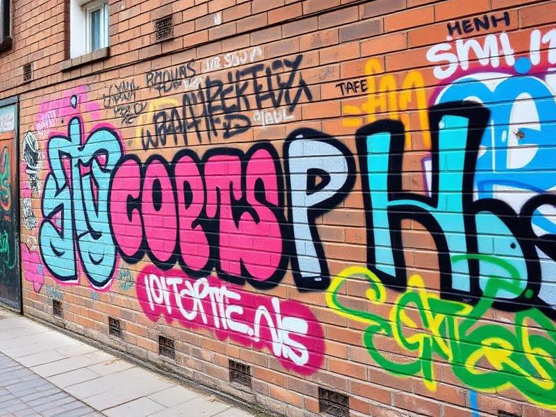 Colorful graffiti on brick wall requiring professional removal