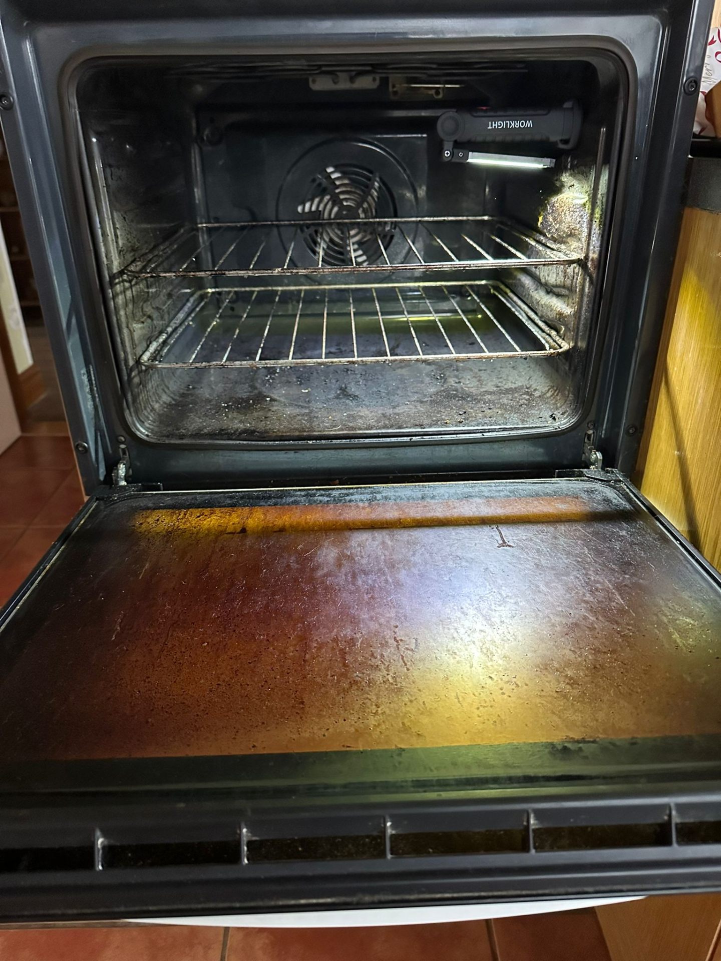 Oven before cleaning - showing burnt grease on door and interior