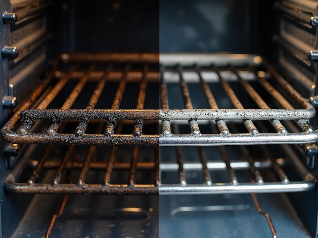 Oven racks before and after professional cleaning - dramatic transformation from blackened carbon buildup to gleaming chrome