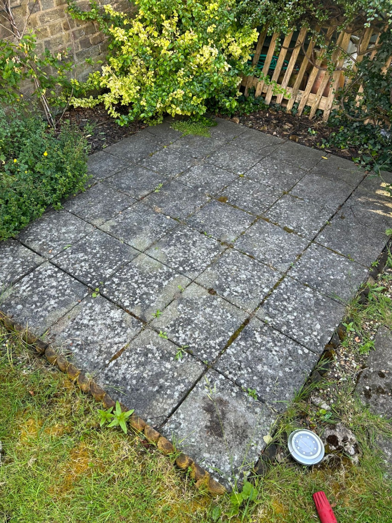 Before - Block paving patio with moss and weeds between joints